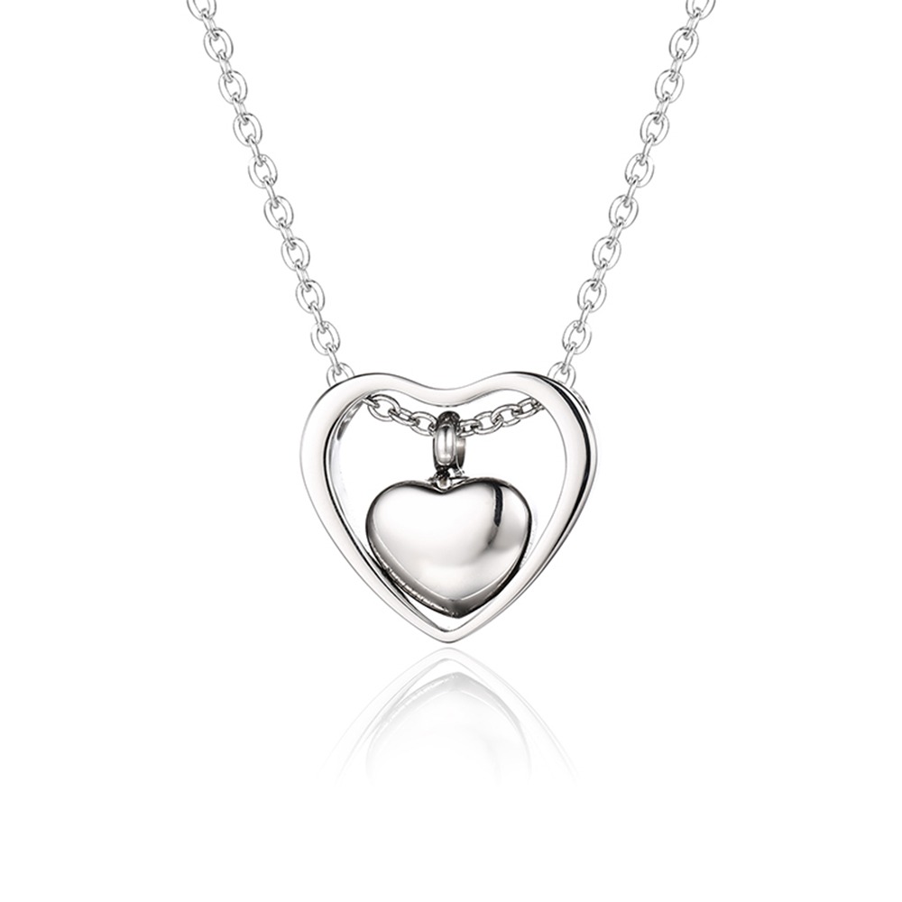 stainless steel double heart pendant front view, outer heart frame with suspended inner heart locket for pet ashes or fur, 0.85x0.78 inch