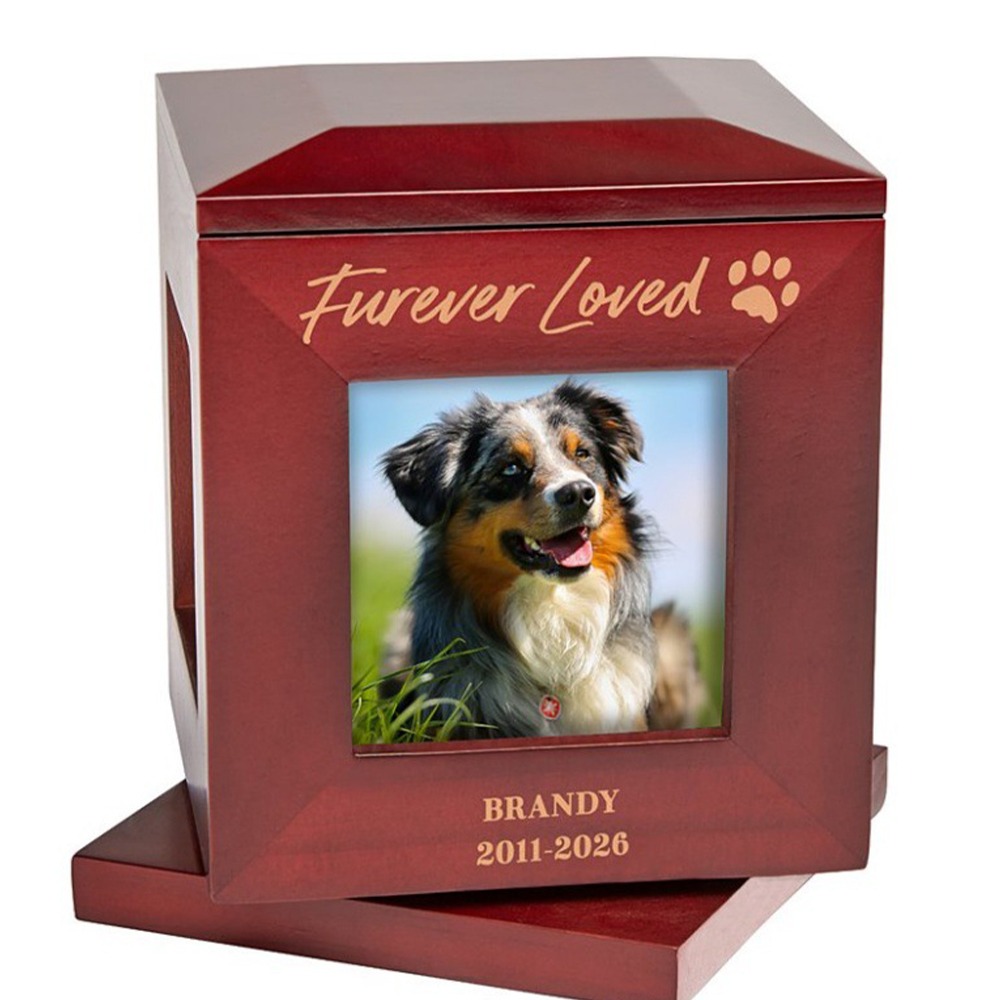 side view of rotating roof-shaped wooden memorial photo box showing rotation mechanism and multi-side display